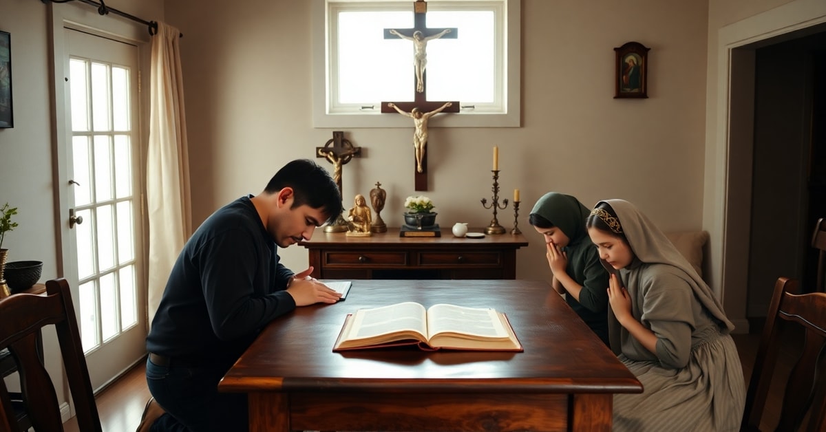 Peruvian 'Pro-Family' Law: A Naturalistic Gesture Without Christ the King Traditional Catholic family praying together at home with religious symbols in the background