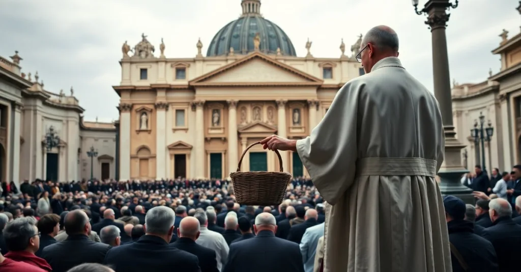 Catholic priest collecting donations for Peter's Pence while Antipope Leo XIV (Robert Prevost) sits on the throne of St. Peter in the background