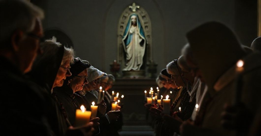 Traditional Catholics praying in a dimly lit church, reflecting on the Pew survey's findings about faith collapse in the U.S. conciliar sect.