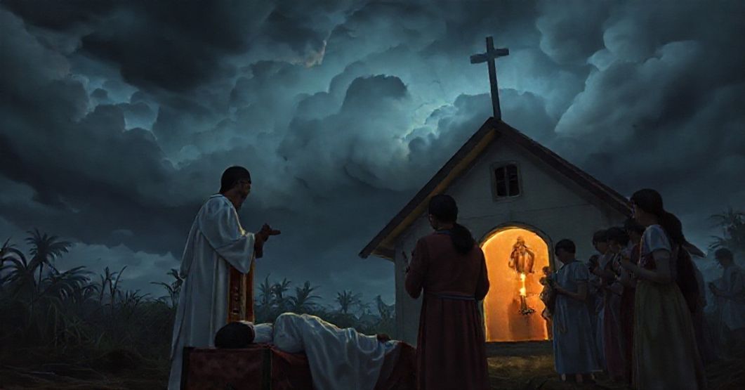 A traditional Catholic priest administers Last Rites in a storm-stricken village in the Philippines, while parishioners pray the Rosary and a chapel with the Sacred Heart stands as a beacon of faith.