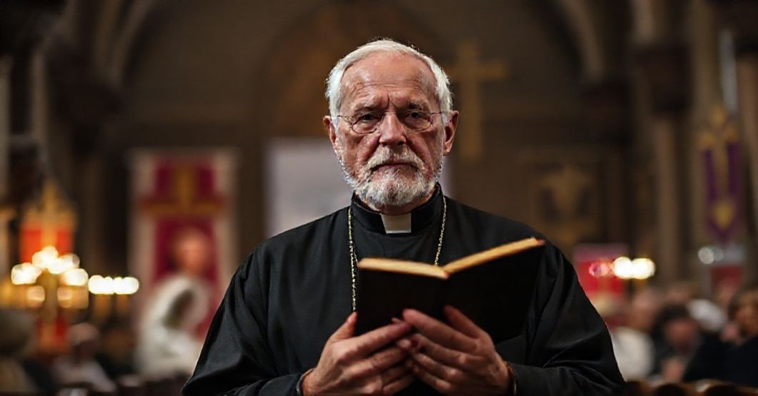 Traditional Catholic priest in somber reflection amidst modernist synodal chaos in the Philippines