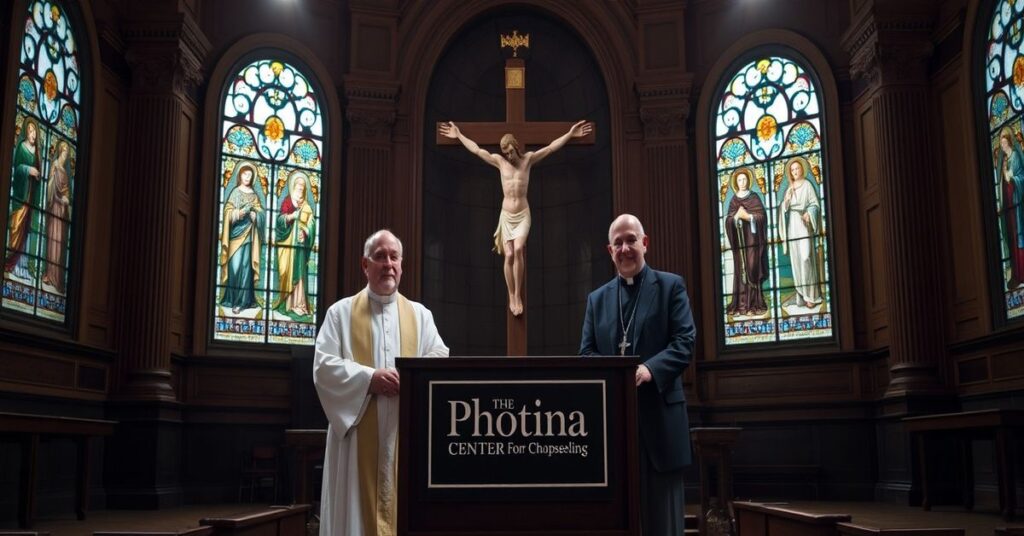 Monsignor James Shea and Bishop John Dolan present the Photina Center for Catholic Counseling in a traditional chapel setting.