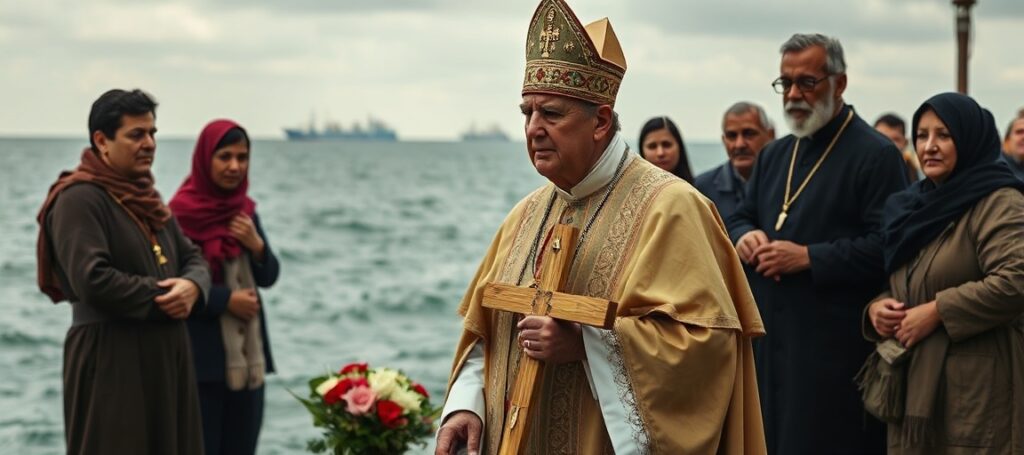 A solemn scene of the so-called 'Pope' Leo XIV on the 'pier of shame' in Arguineguín, Gran Canaria, with migrants and Father Adrián Sosa Nuez.