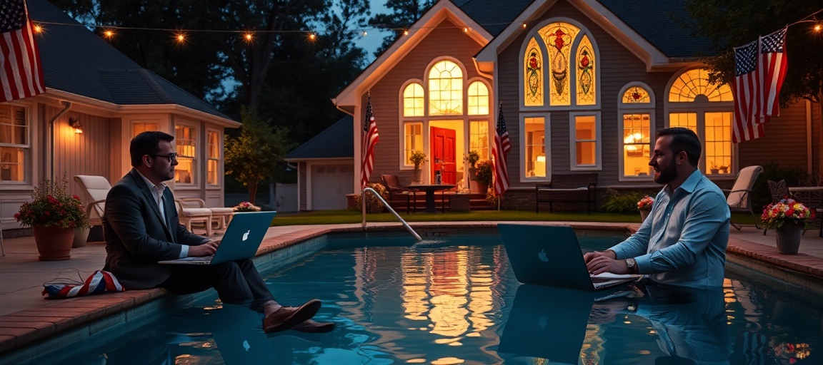 Catholic bloggers JD Flynn and Ed Condon in casual discussion near a pool on July 4th amidst Americanist decor while a ruined Catholic church looms in the background