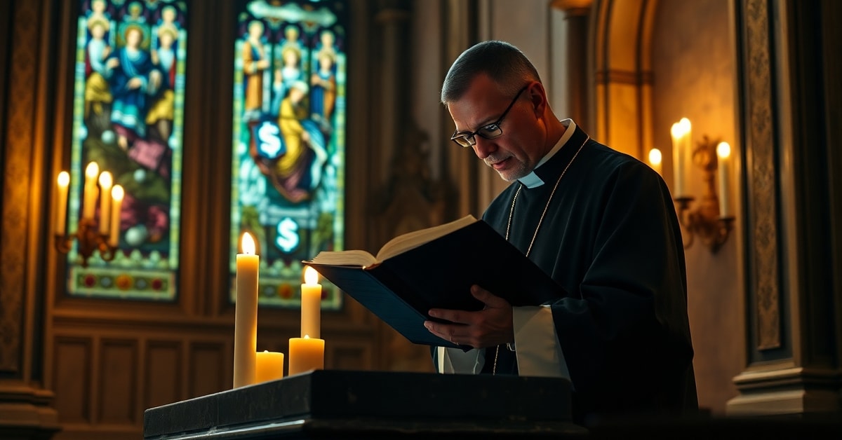The Pillar's Paid Podcast: Spiritual Bankruptcy in Conciliar Media Traditional Catholic priest reading Latin Mass amid modern commodification symbols in a baroque church interior
