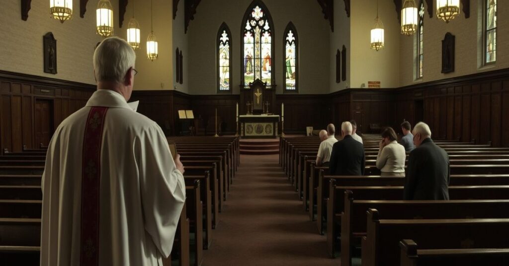 A traditional Catholic church interior with empty pews and dim lighting, symbolizing abandonment by modernist conciliar sect.