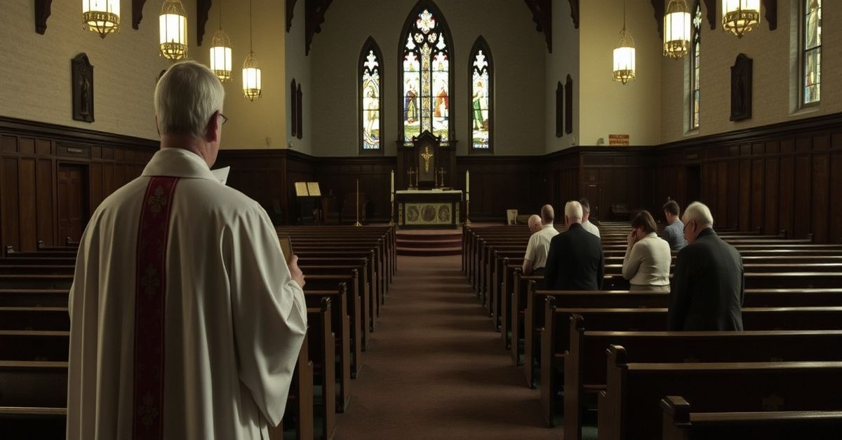A traditional Catholic church interior with empty pews and dim lighting, symbolizing abandonment by modernist conciliar sect.