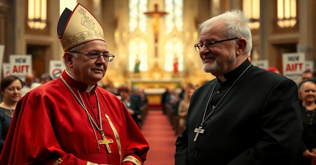 Cardinal Pierbattista Pizzaballa and Archbishop Edward Weisenburger in a Detroit church promoting conciliar apostasy with interfaith symbols and modernist decorations.