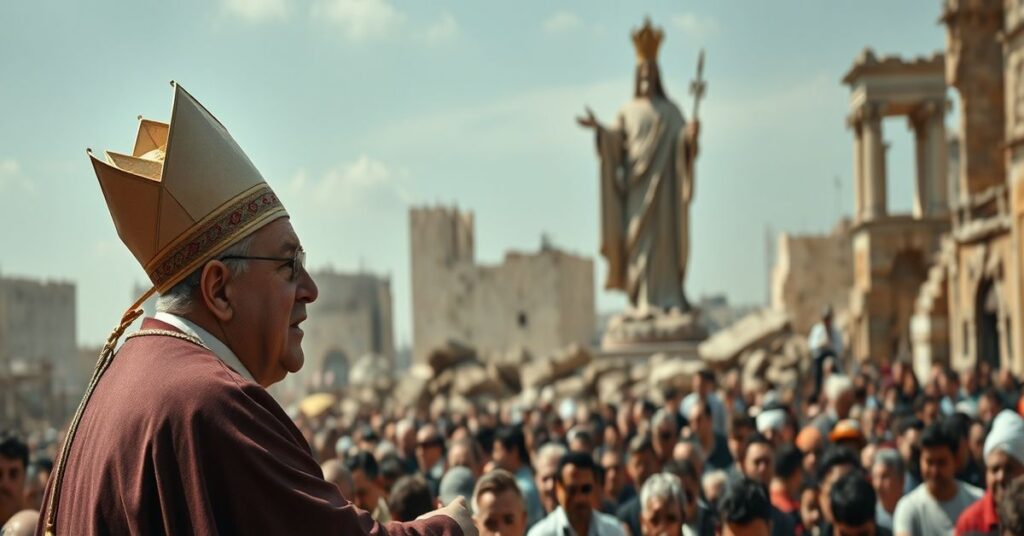 Cardinal Pierbattista Pizzaballa in Gaza ruins, ignoring Christ the King's authority amidst war suffering