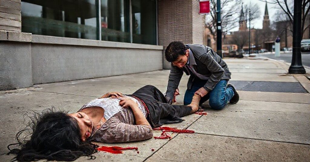 A woman in distress bleeding outside Planned Parenthood clinic in Chicago while being helped by a sidewalk counselor.