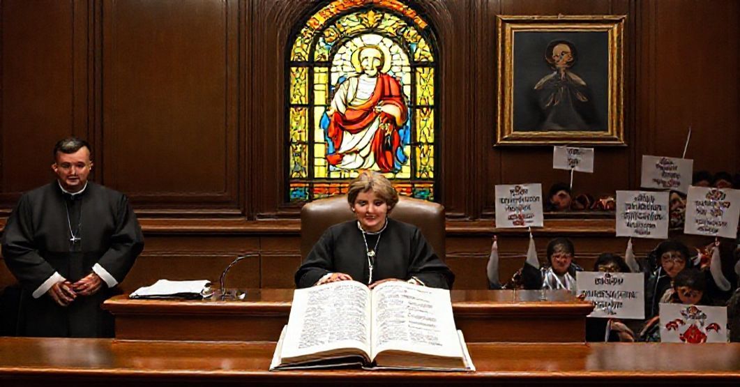 Judge Krystyna Pawłowicz presiding over Poland's Constitutional Tribunal ruling against communism with Catholic symbols and papal encyclicals.