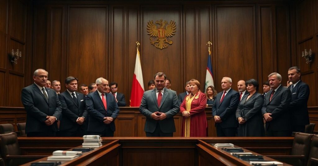 Polish officials and Ordo Iuris representatives stand in a courtroom, defiantly opposing the EU's ruling on counterfeit marriage, with traditional Catholic symbols in the background.