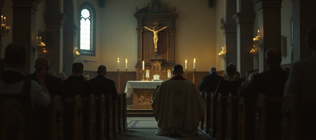 A traditional Polish Catholic church interior with a priest praying before an altar, symbolizing the loss of supernatural focus in modern religious institutions.