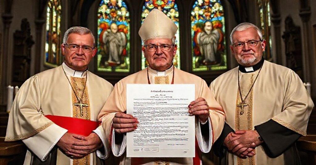 A reverent image depicting Polish and German bishops signing a declaration titled 'Courage of Extended Hands' in a traditional Catholic church, highlighting their betrayal of Catholic doctrine.