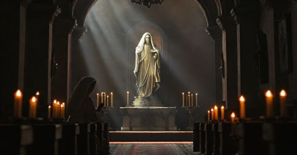 A solemn depiction of Lucia dos Santos during the alleged 1925-1926 apparitions in Pontevedra, Spain, showing subtle Masonic influence and a dimly lit chapel.