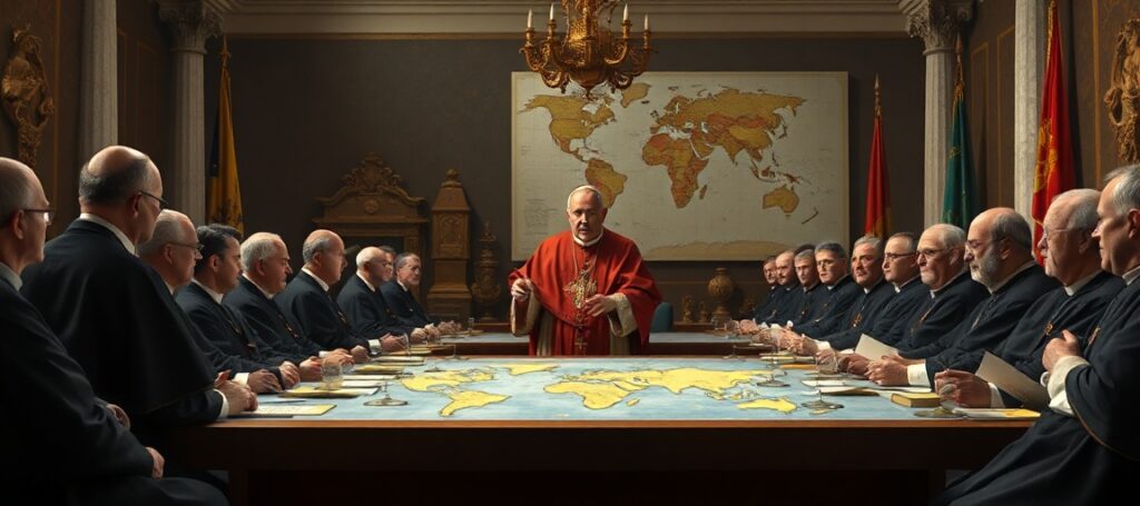 A realistic depiction of the Pontifical Ecclesiastical Academy in Rome, showing usurper Leo XIV addressing diplomats in a solemn hall with Vatican flags and ancient artifacts.