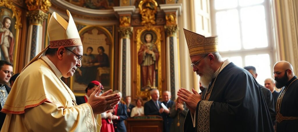 Pope Leo XIV and Catholicos Aram I praying together in the Urban VIII Chapel, Vatican, symbolizing ecumenical apostasy and rejecting Catholic unity.