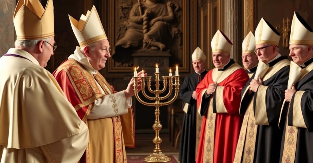 Pope Leo XIV addressing Jewish representatives at the Vatican, symbolizing doctrinal conflict in Catholicism.