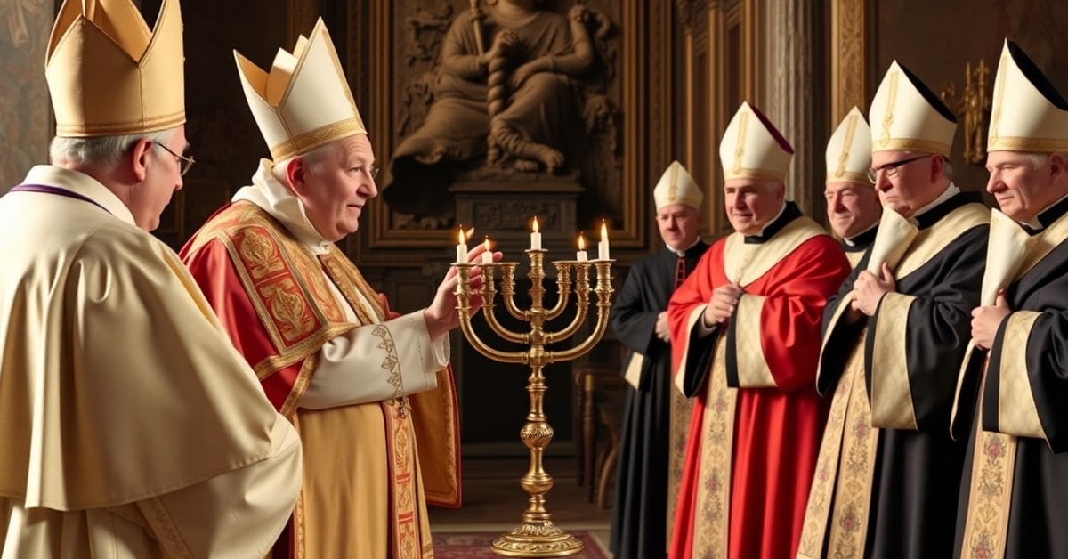 Pope Leo XIV addressing Jewish representatives at the Vatican, symbolizing doctrinal conflict in Catholicism.
