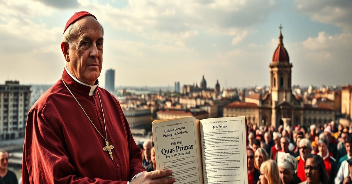 A Catholic priest holding Quas Primas encyclical stands solemnly before a decaying city as Cardinal Parolin addresses a crowd at GreenAccord meeting in Treviso.