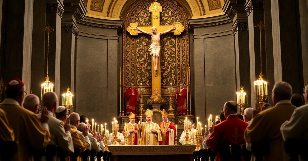 Traditional Catholic Mass at St. Peter's Basilica with Pope Leo XIV celebrating an Extraordinary Consistory amid bishops and cardinals in reverent liturgical setting