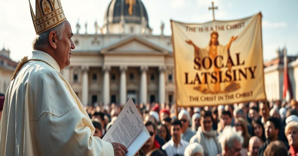 A solemn depiction of Pope Leo XIV issuing a Holy Week peace appeal without referencing Christ the King's Social Kingship.