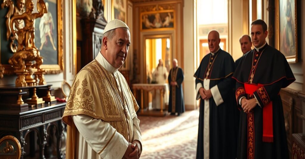 Pope Leo XIV standing in the restored papal apartment of the Apostolic Palace, surrounded by religious artifacts and solemn secretaries.