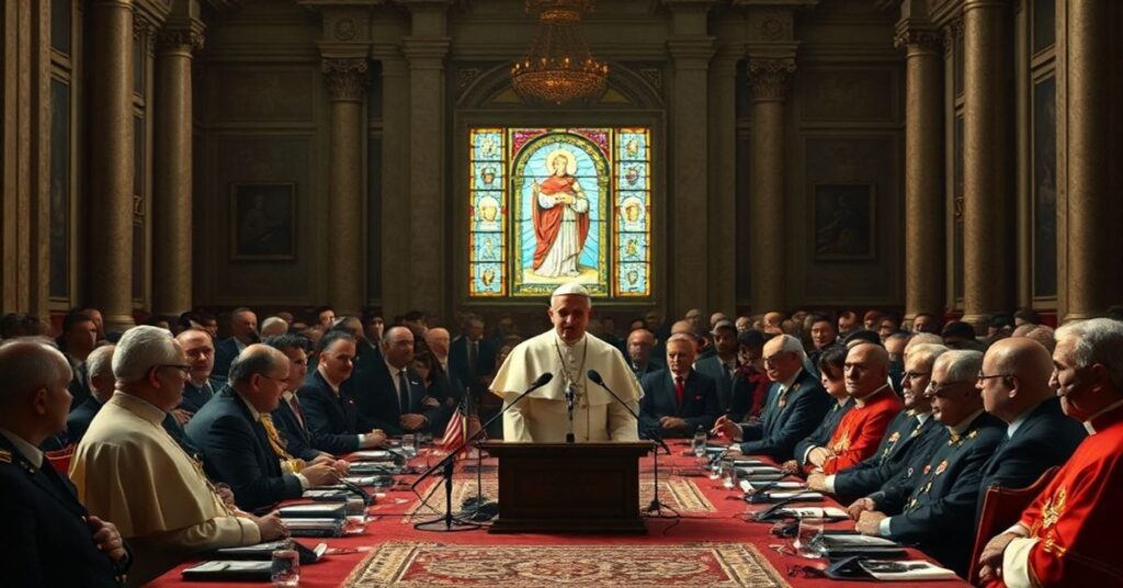 A traditional Catholic scene depicting Pope Leo XIV's naturalistic peace appeal to Iran, lacking the presence of Christ the King.