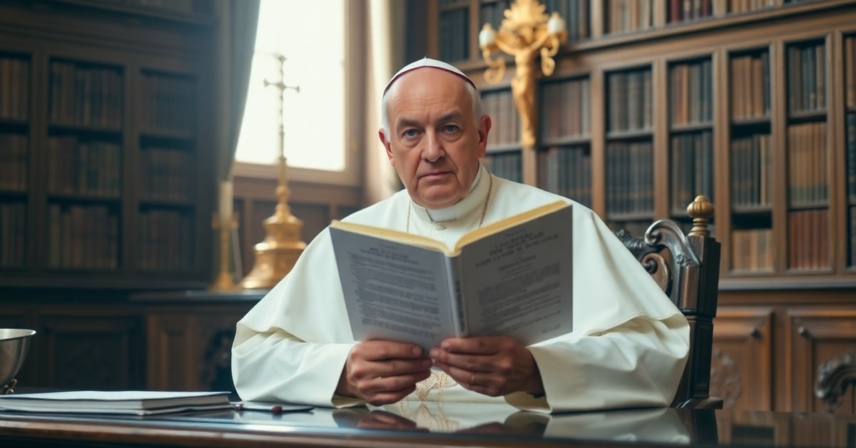 Pope Leo XIV holding his controversial encyclical *Magnifica Humanitas*, seated in the Apostolic Palace library with traditional Catholic symbolism