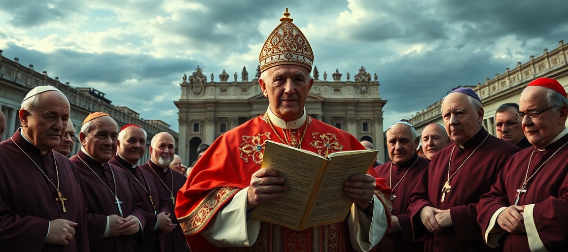 Pope Leo XIV in St. Peter's Square holding 'Magnifica Humanitas', surrounded by somber cardinals as storm clouds gather over the Vatican.