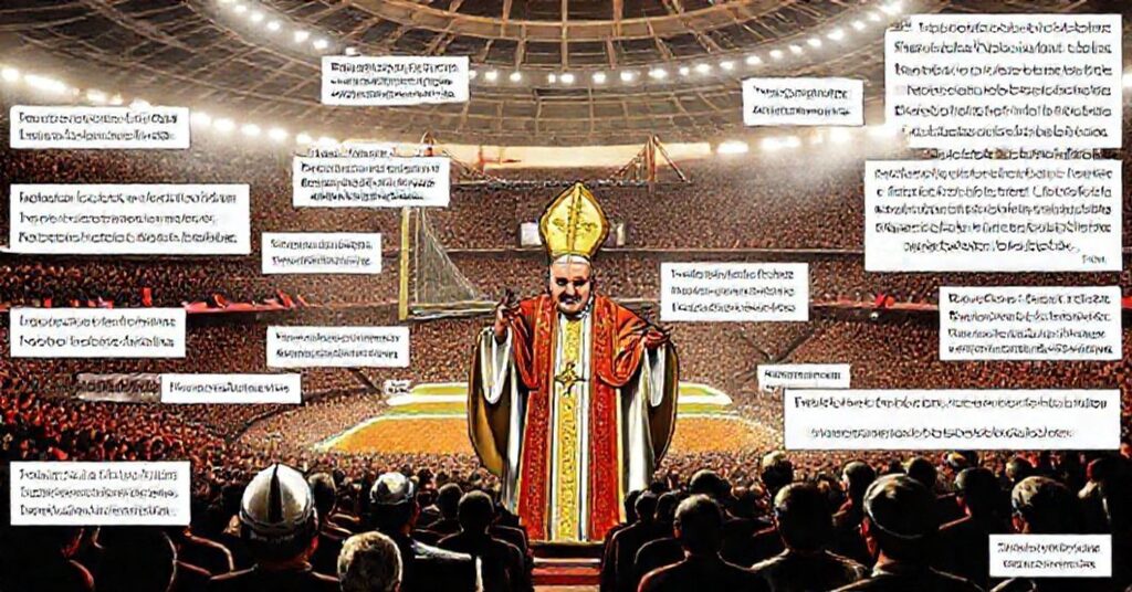 A solemn depiction of Pope Leo XIV celebrating Mass in Istanbul's Volkswagen Arena with multilingual texts representing various Catholic rites.