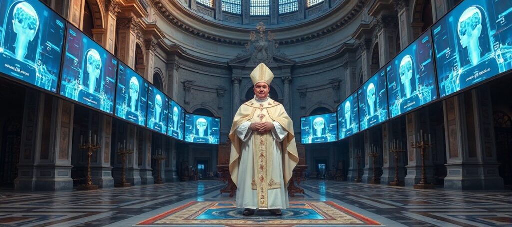Pope Leo XIV in St. Peter's Basilica surrounded by digital screens displaying AI themes, symbolizing the abandonment of Christ the King.