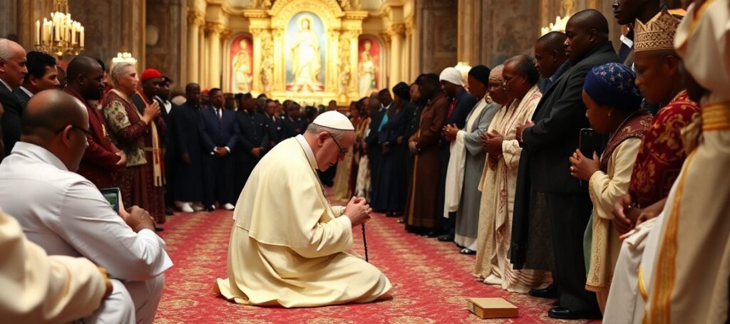 Pope Leo XIV praying at the Sanctuary of Mama Muxima in Angola, surrounded by pilgrims seeking worldly solace