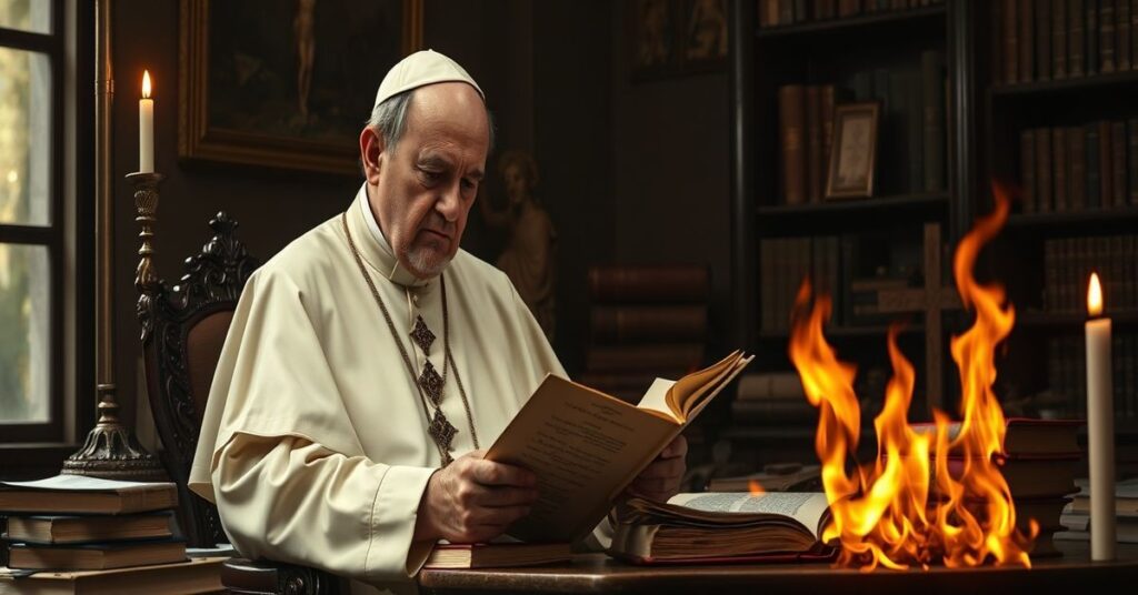 Portrait of Pope St. Pius X with the Syllabus of Errors and burning letter of Amoris Laetitia