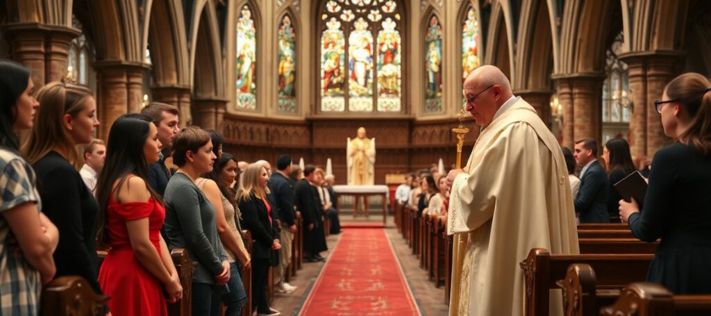 A solemn Confirmation ceremony in a traditional Catholic church with a sense of spiritual emptiness.