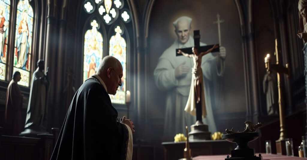 A traditional Catholic bishop kneeling in a Gothic chapel, reflecting on the doctrinal collapse of the post-conciliar Church.