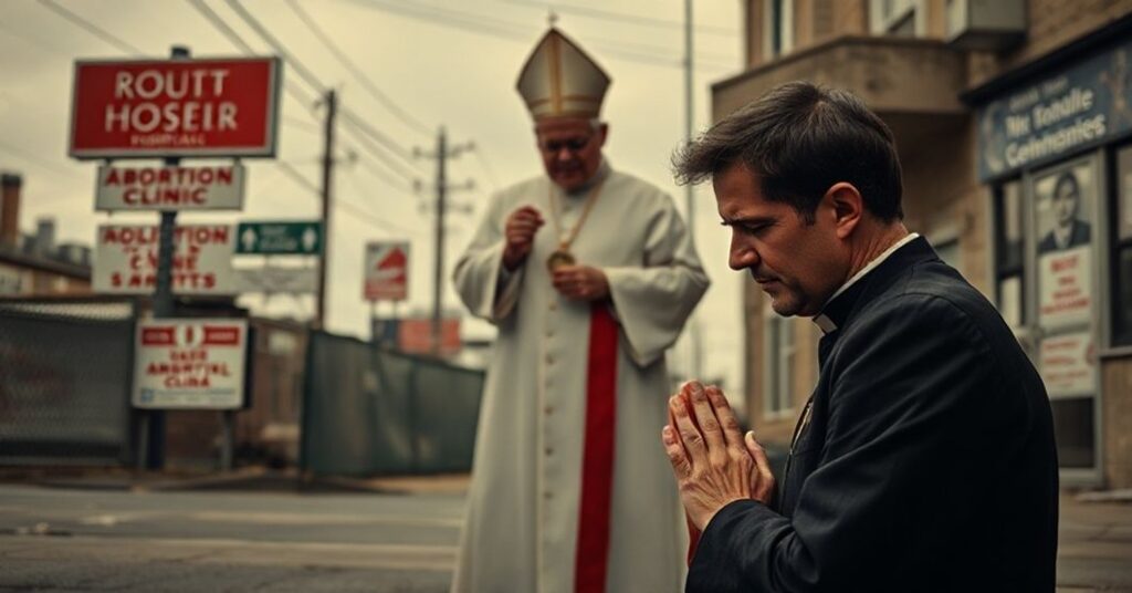 A somber portrait of Tom Vander Woude praying at an abortion clinic with a Novus Ordo bishop holding a false "St. Gianna Molla" medal in the background.