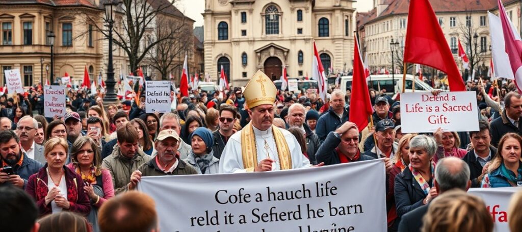Pro-life demonstrators march in Prague with crosses and banners, led by Archbishop Emeritus Jan Graubner near St. Vitus Cathedral amid police restrictions and pro-abortion counterprotests.