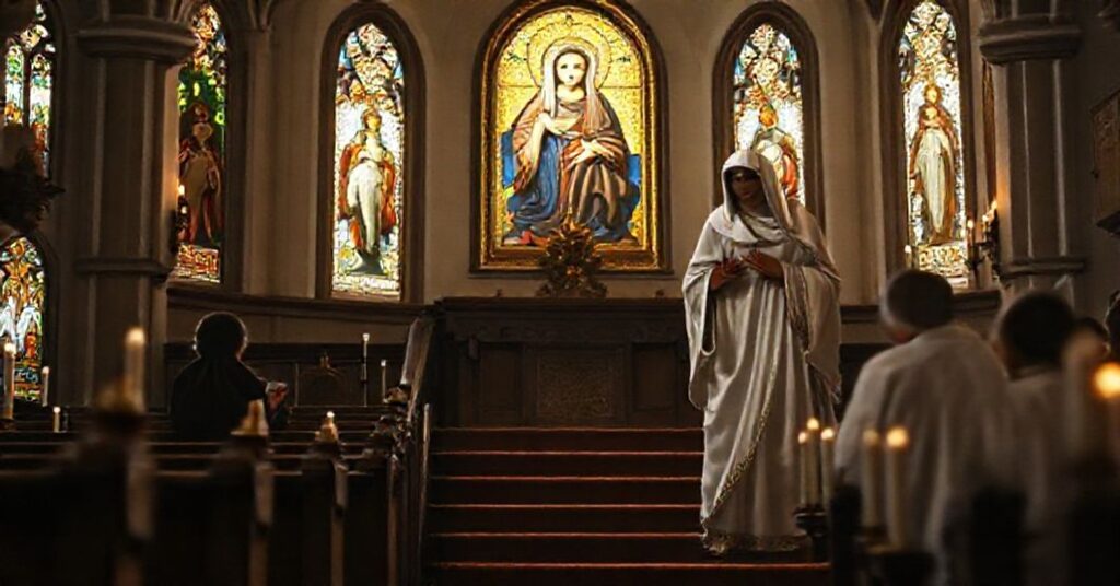 A traditional Catholic depiction of the Presentation of Mary in the Temple, highlighting the contrast between true Marian devotion and modern distortions