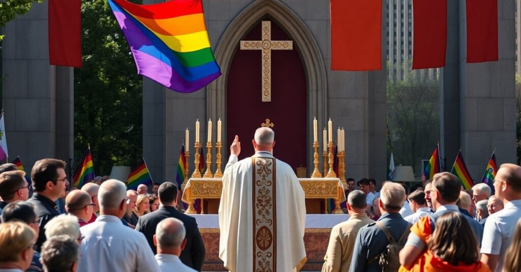 Blasphemous Pride Mass at Stonewall with defiled altar under rainbow flags presided over by Fr. Chris Lawton in a sacrilegious Catholic liturgy