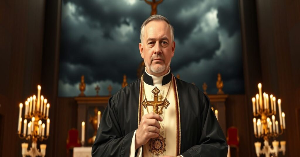 A traditional Catholic priest holding a crucifix before an altar with candles, symbolizing the struggle for Christ the King's reign amid modern apostasy.
