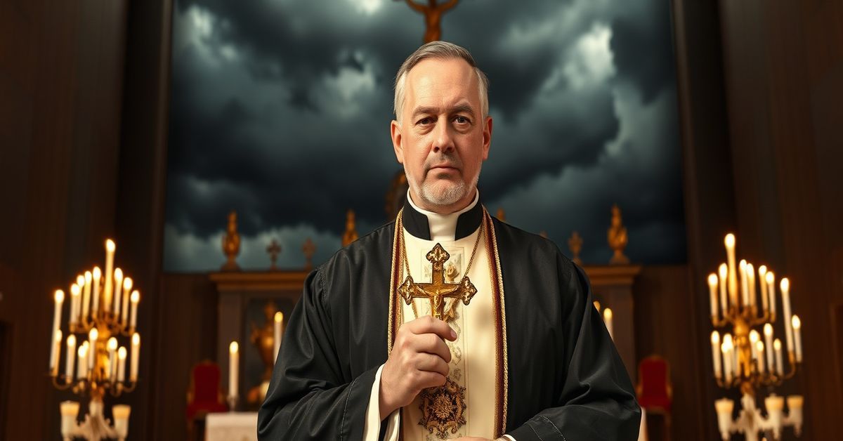 A traditional Catholic priest holding a crucifix before an altar with candles, symbolizing the struggle for Christ the King's reign amid modern apostasy.