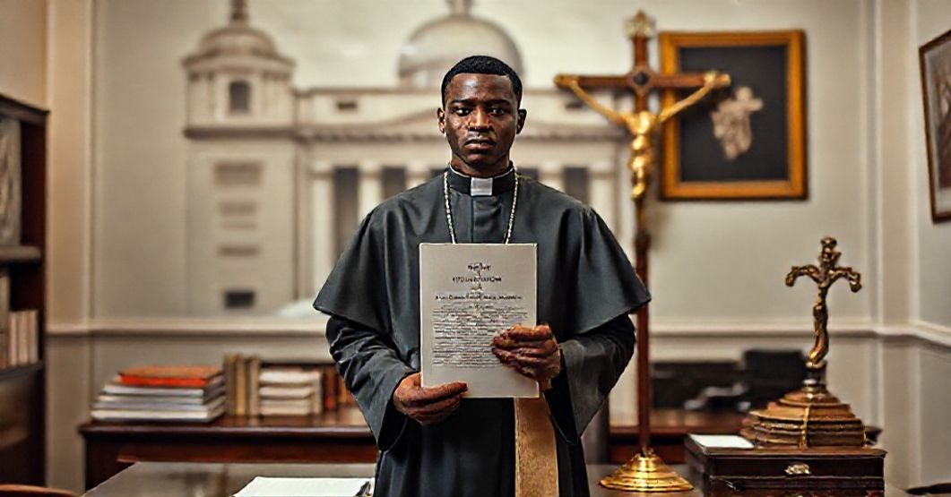 Reverent image of Nigerian priest Anthony Onyemuche Ekpo in a Vatican office surrounded by modernist documents and globalist symbols.