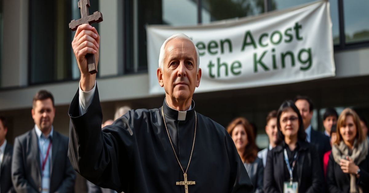 A Catholic priest in a cassock stands solemnly before journalists at the GreenAccord International Forum in Treviso, holding a crucifix and addressing the crowd.