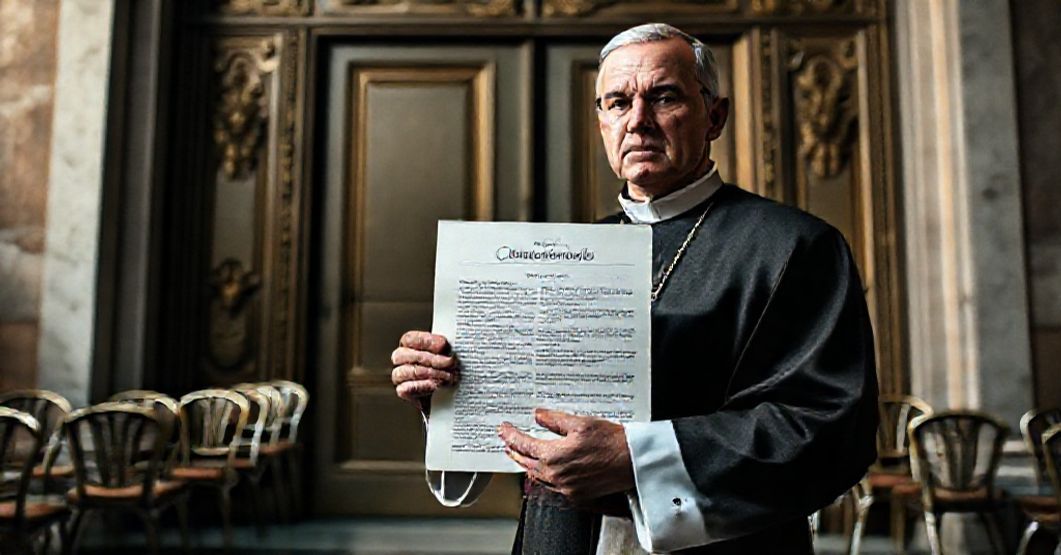 Traditional Catholic priest holding a confidential document at the Vatican, symbolizing the ecclesiastical crisis.