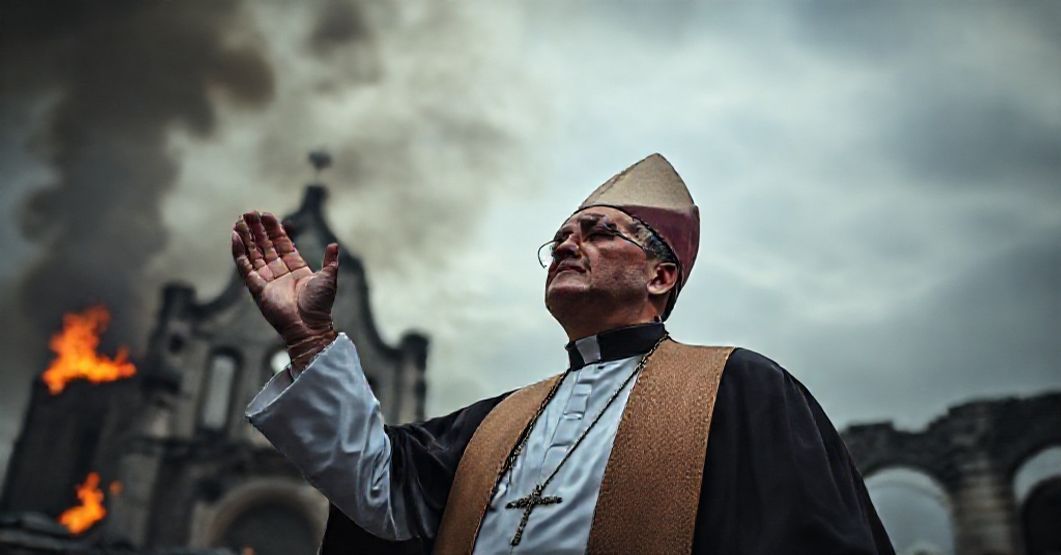 A priest in traditional vestments stands before a burning church in Europe, symbolizing the struggle against anti-Christian violence and the need for spiritual renewal.