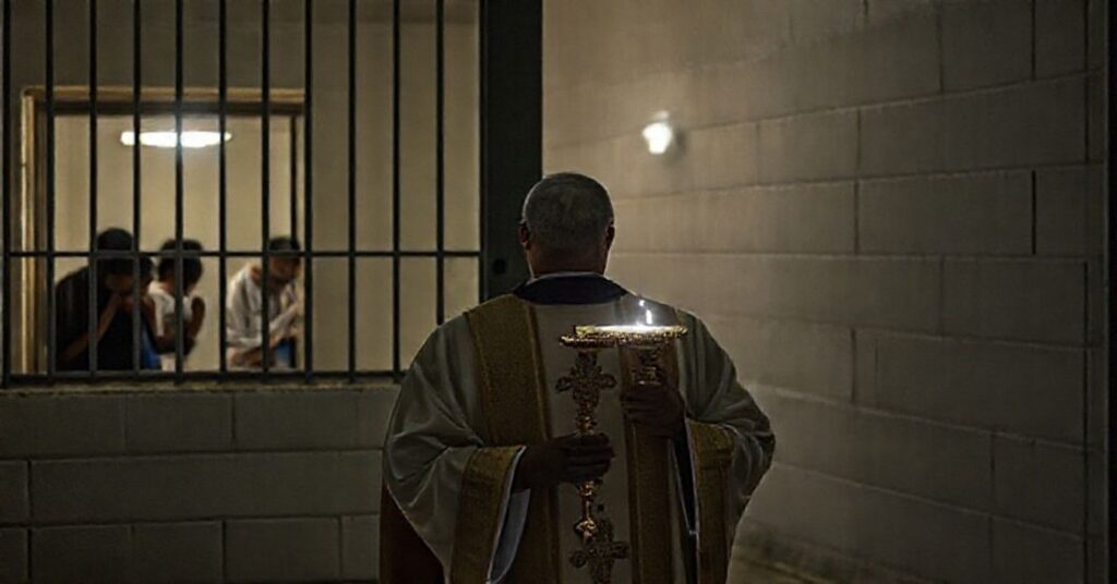 A Catholic priest in traditional vestments holding a monstrance with the Blessed Sacrament at a migrant detention facility gate.