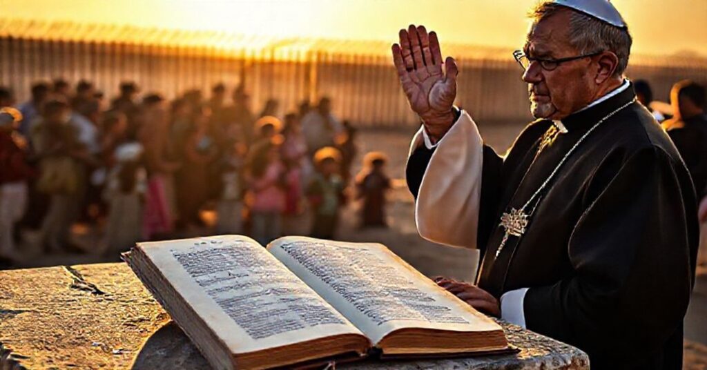 A Catholic priest in traditional vestments blesses migrants at the U.S.-Mexico border as border patrol agents separate families.