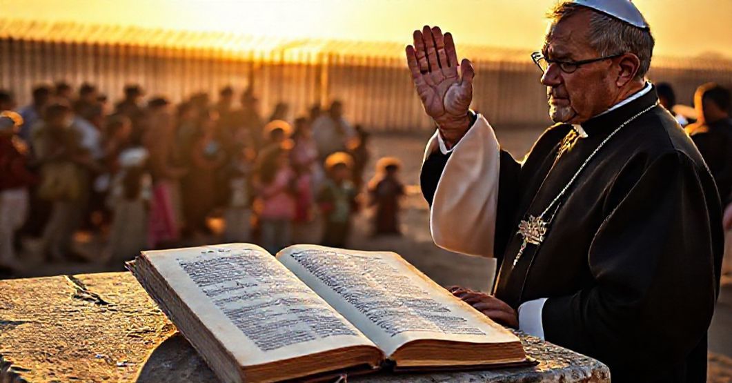 A Catholic priest in traditional vestments blesses migrants at the U.S.-Mexico border as border patrol agents separate families.