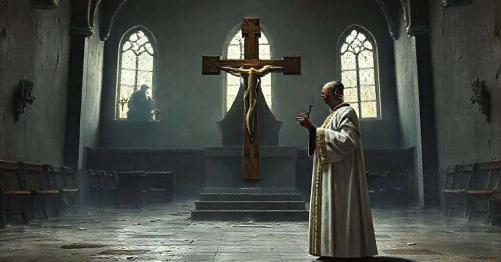 A Catholic priest condemning modernist false apparitions in an abandoned church.